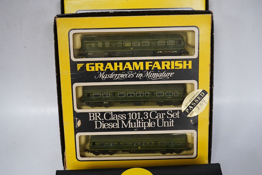 Four boxed Graham Farish N gauge railway Class 101 train packs; a BR Regional Railways 2-car DMU (8131), a Strathclyde 3-car DMU (814A), a BR 3-car DMU (8143) and a Network SouthEast 3-car DMU (8148). Condition - good.
